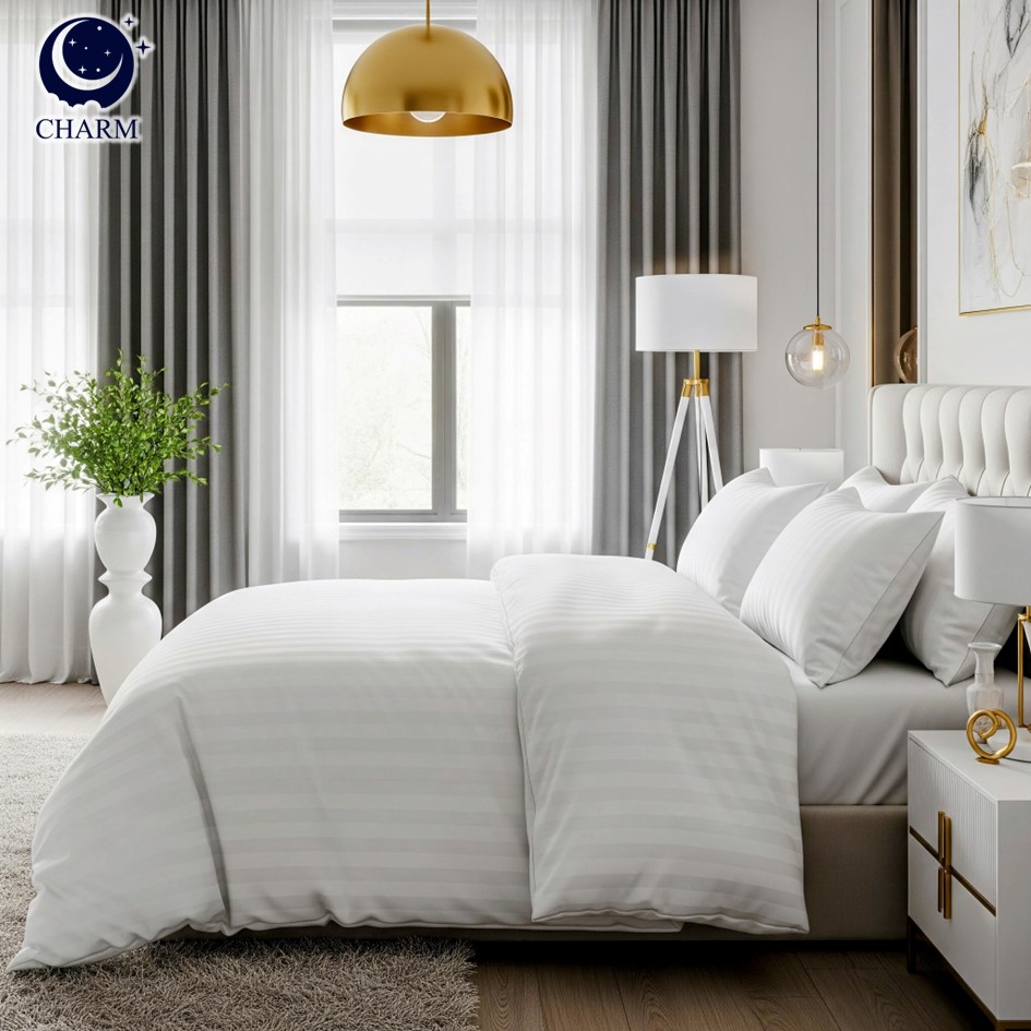 ชุดเครื่องนอน 5 ฟุต 6 ชิ้น CHARM ผ้าซาตินลายริ้ว สีขาว_4